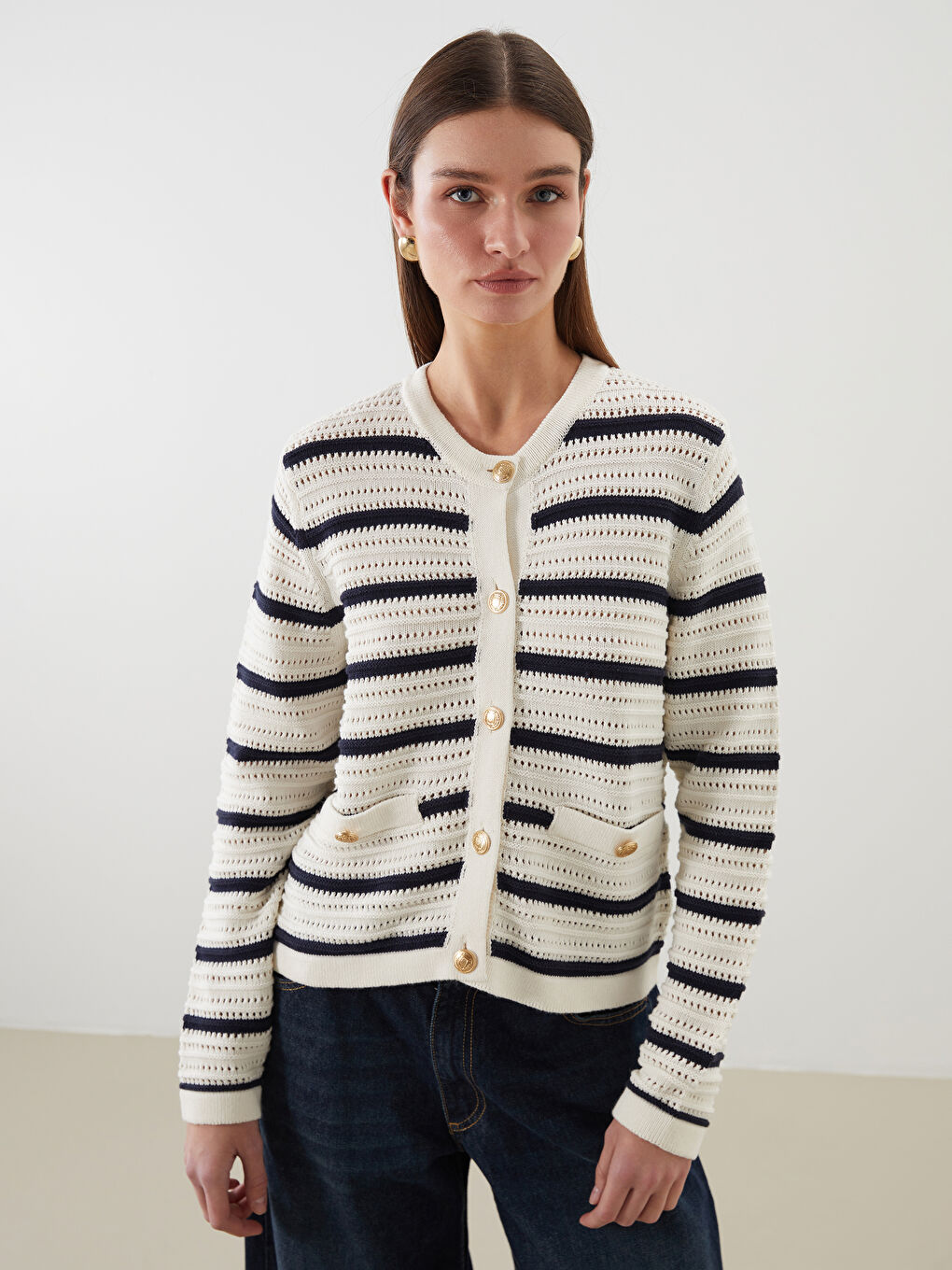 LCW Modest Crew Neck Hole-Knitted Women's Knitwear Cardigan -W58221Z8-LGS