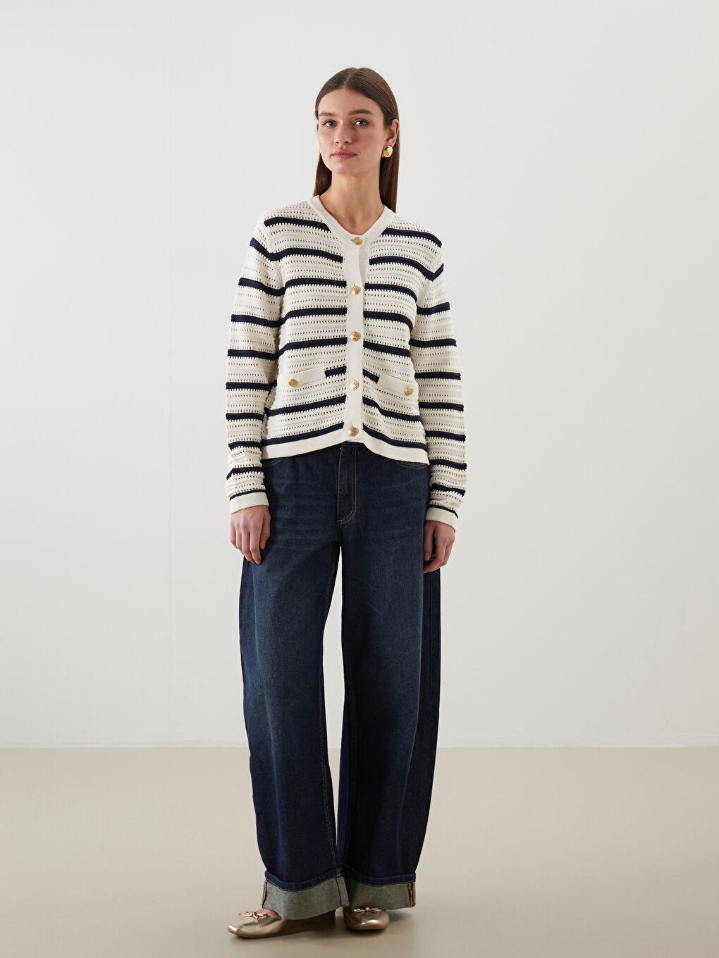 LCW Modest Crew Neck Hole-Knitted Women's Knitwear Cardigan -W58221Z8-LGS
