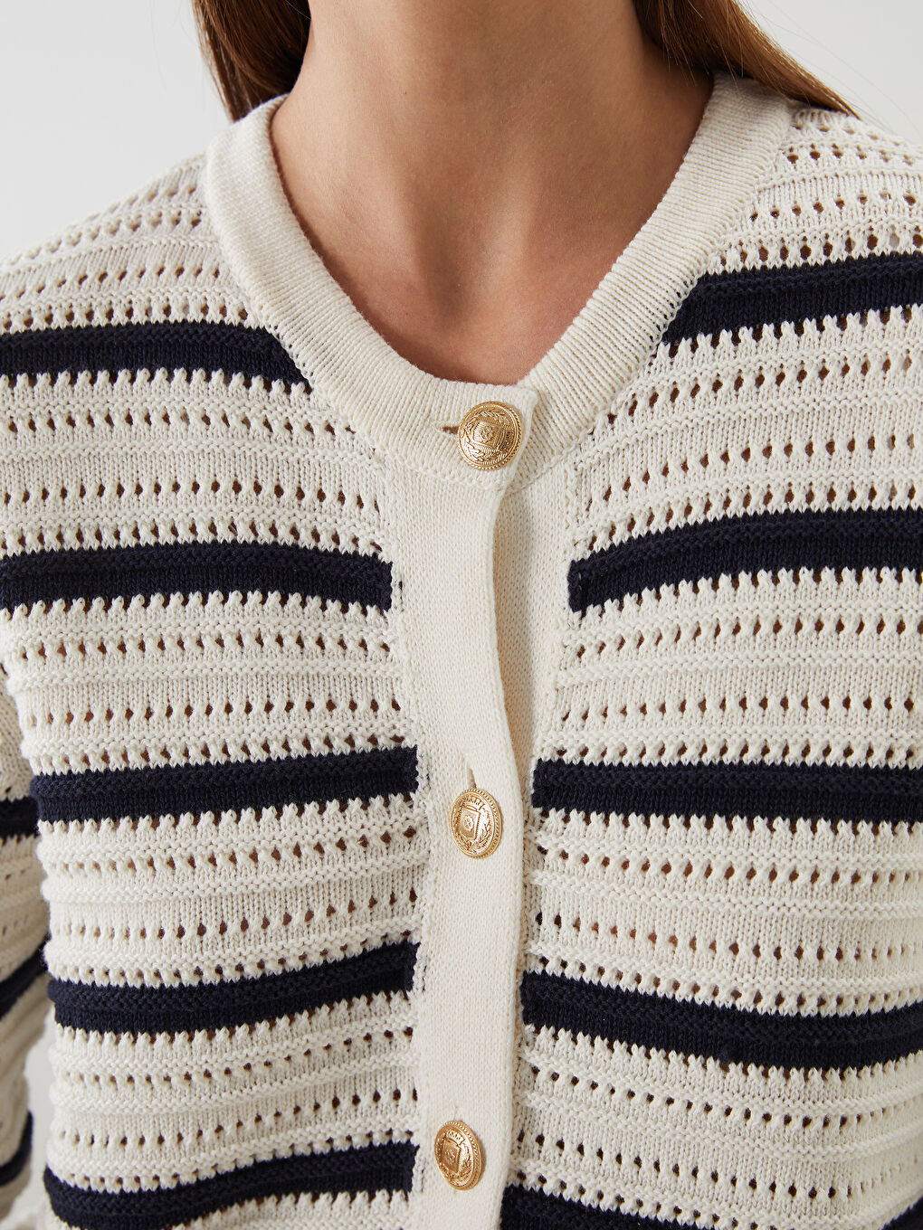 LCW Modest Crew Neck Hole-Knitted Women's Knitwear Cardigan -W58221Z8-LGS