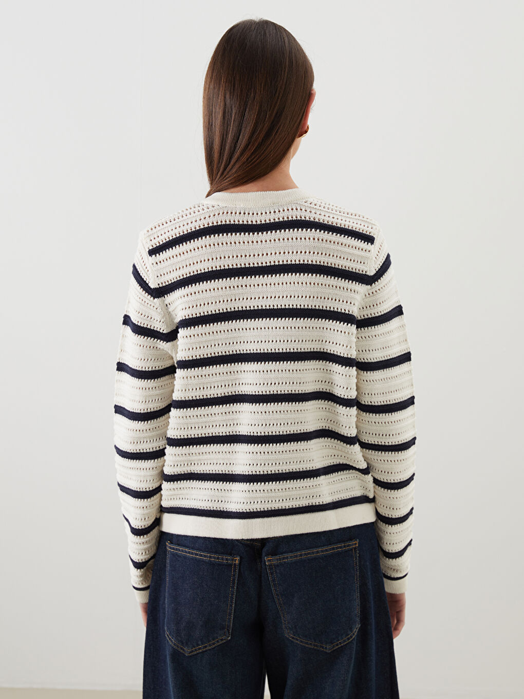 LCW Modest Crew Neck Hole-Knitted Women's Knitwear Cardigan -W58221Z8-LGS