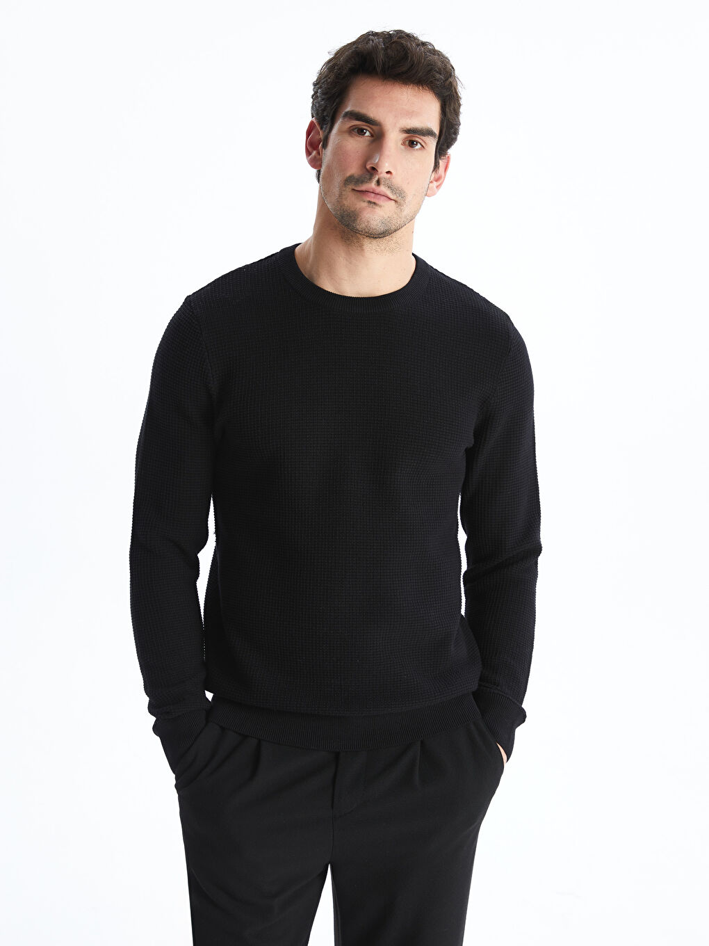 Crew Neck Checkered Men's Knit Sweater