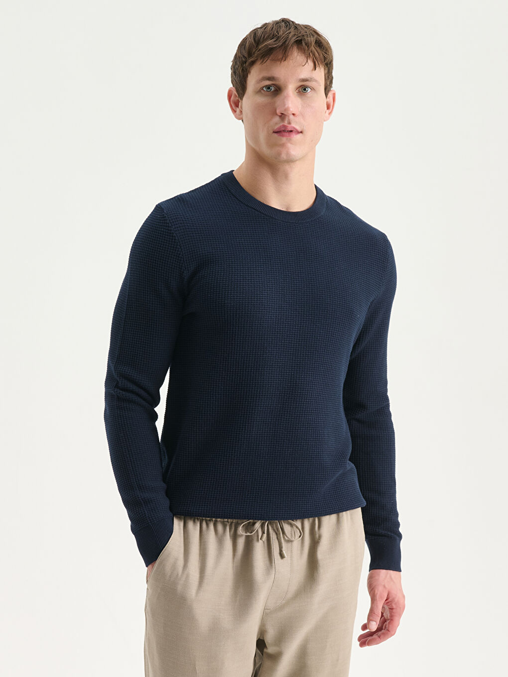 Crew Neck Checkered Men's Knit Sweater