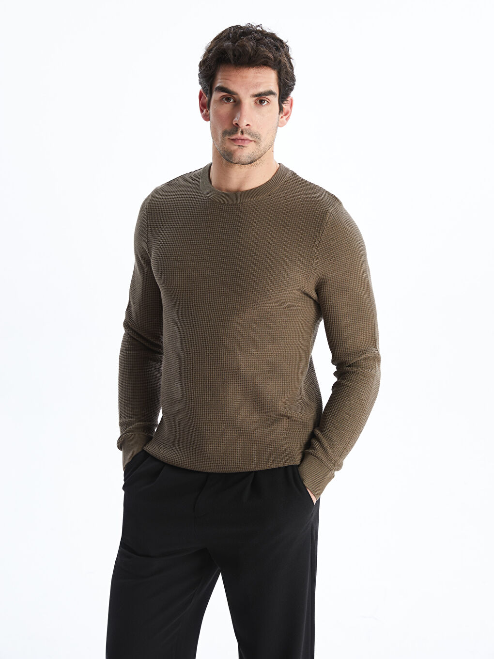 Crew Neck Checkered Men's Knit Sweater