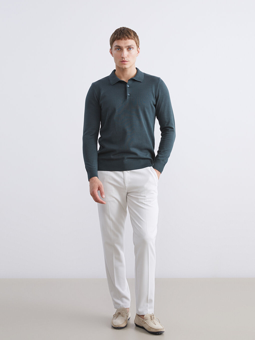 Yeşil Polo Yaka Erkek Triko Kazak-1