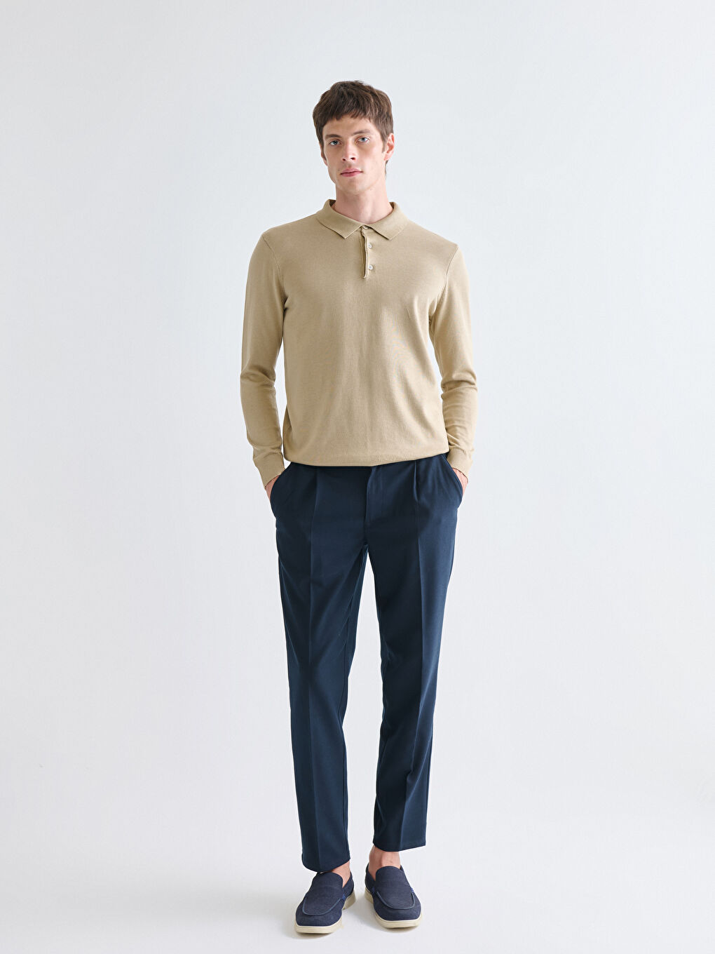 Bej Polo Yaka Erkek Triko Kazak-1