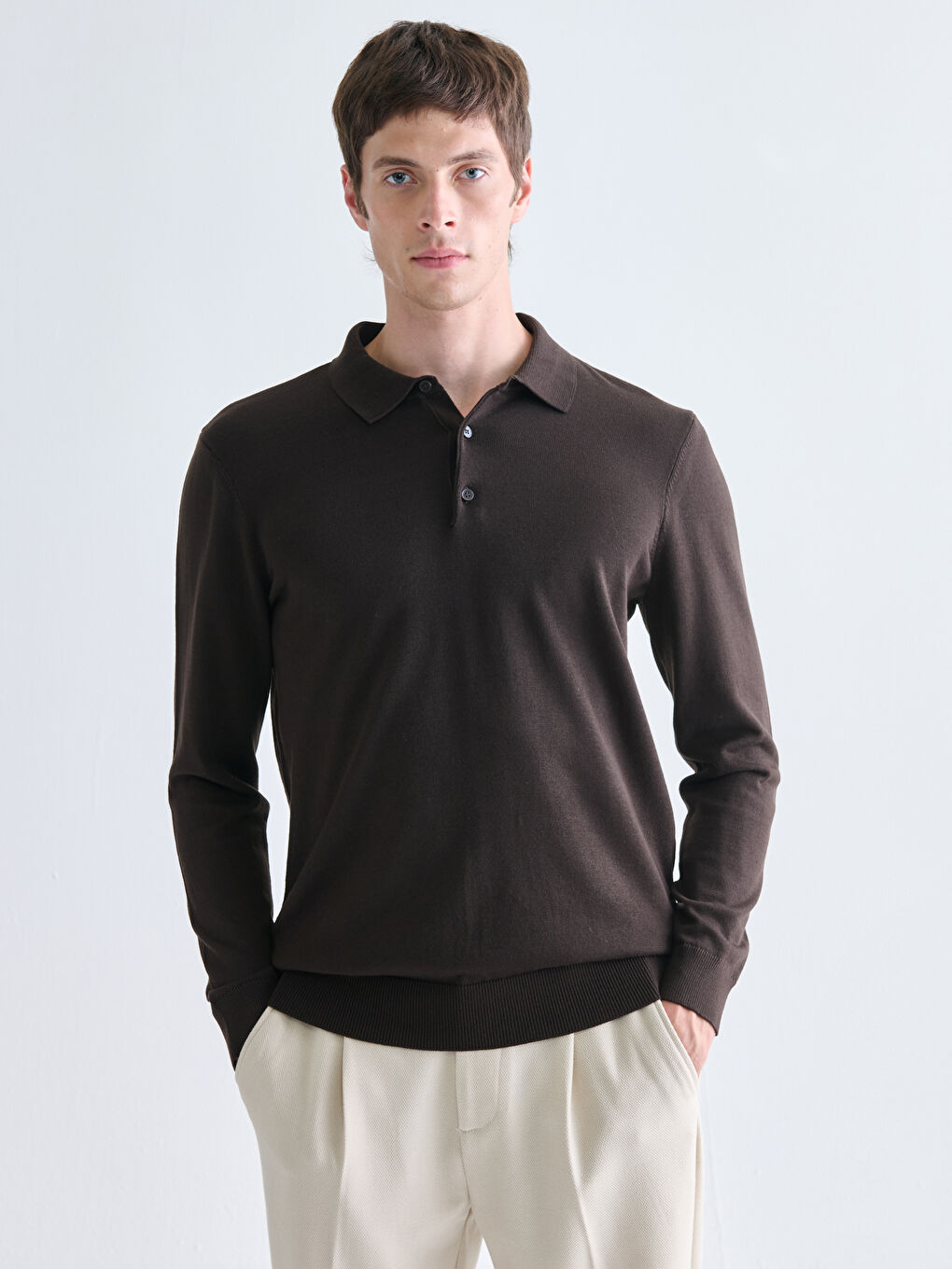 Kahverengi Polo Yaka Erkek Triko Kazak