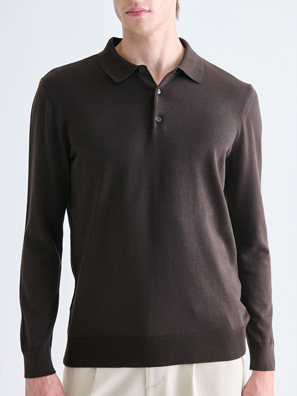 Kahverengi Polo Yaka Erkek Triko Kazak-2