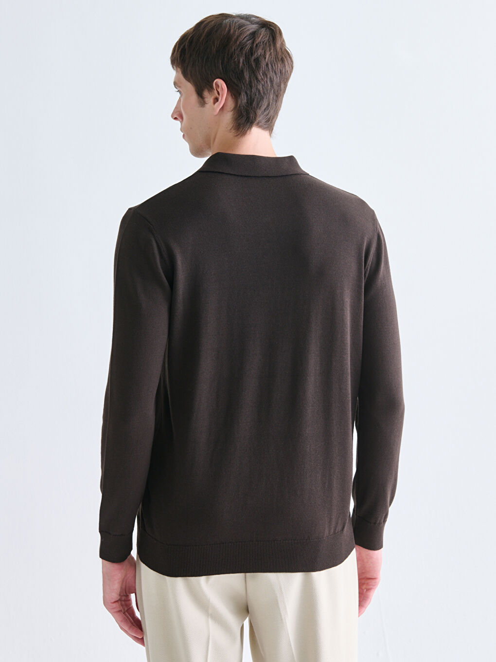 Kahverengi Polo Yaka Erkek Triko Kazak-3