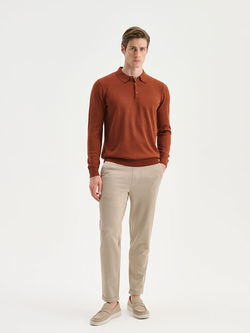 Kahverengi Polo Yaka Erkek Triko Kazak-1