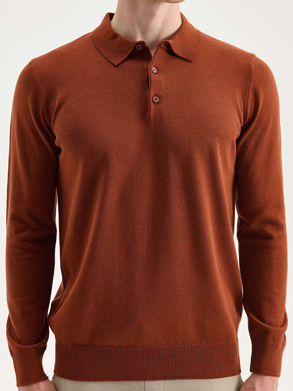 Kahverengi Polo Yaka Erkek Triko Kazak-2
