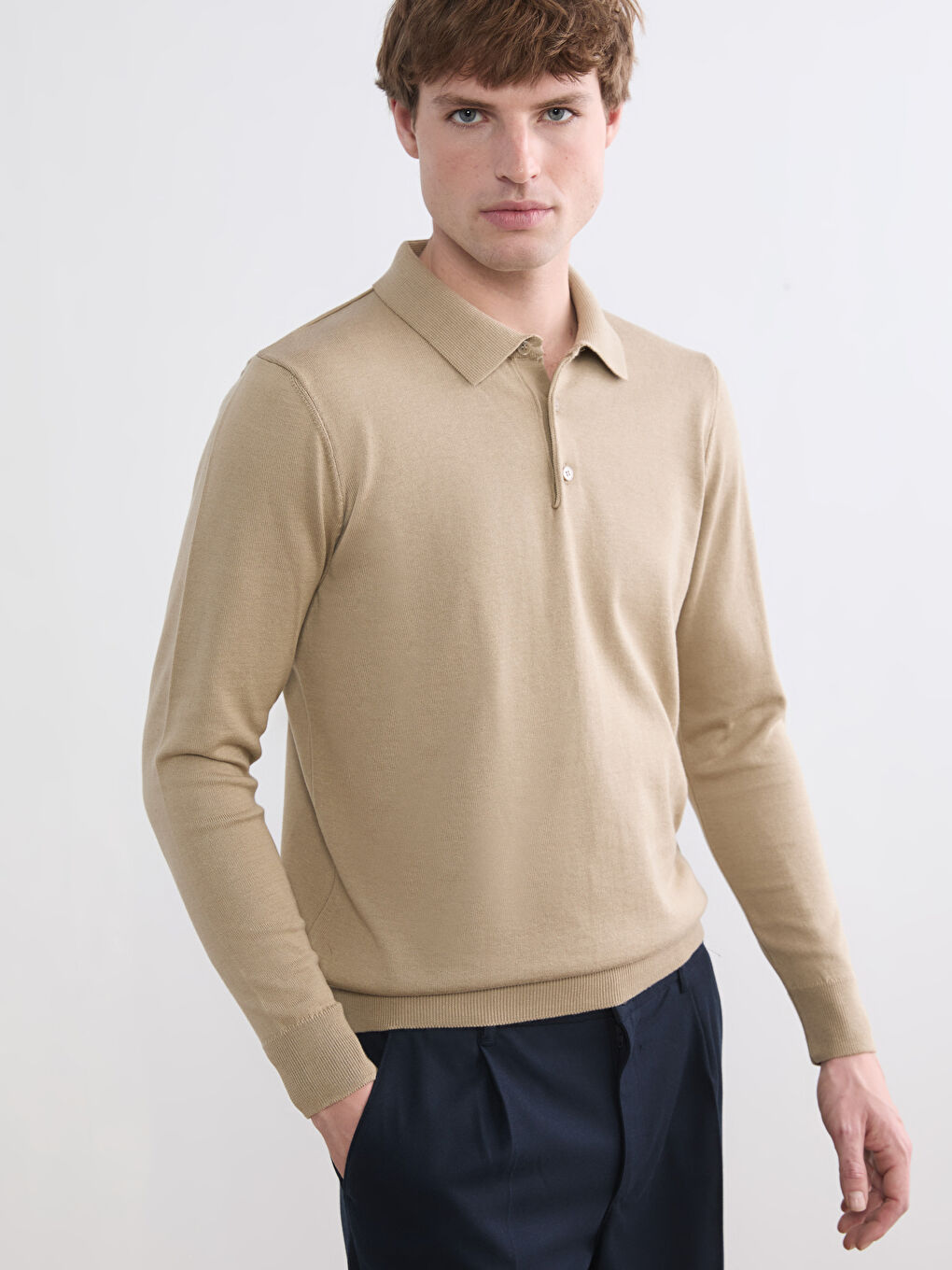 Bej Polo Yaka Erkek Triko Kazak-1