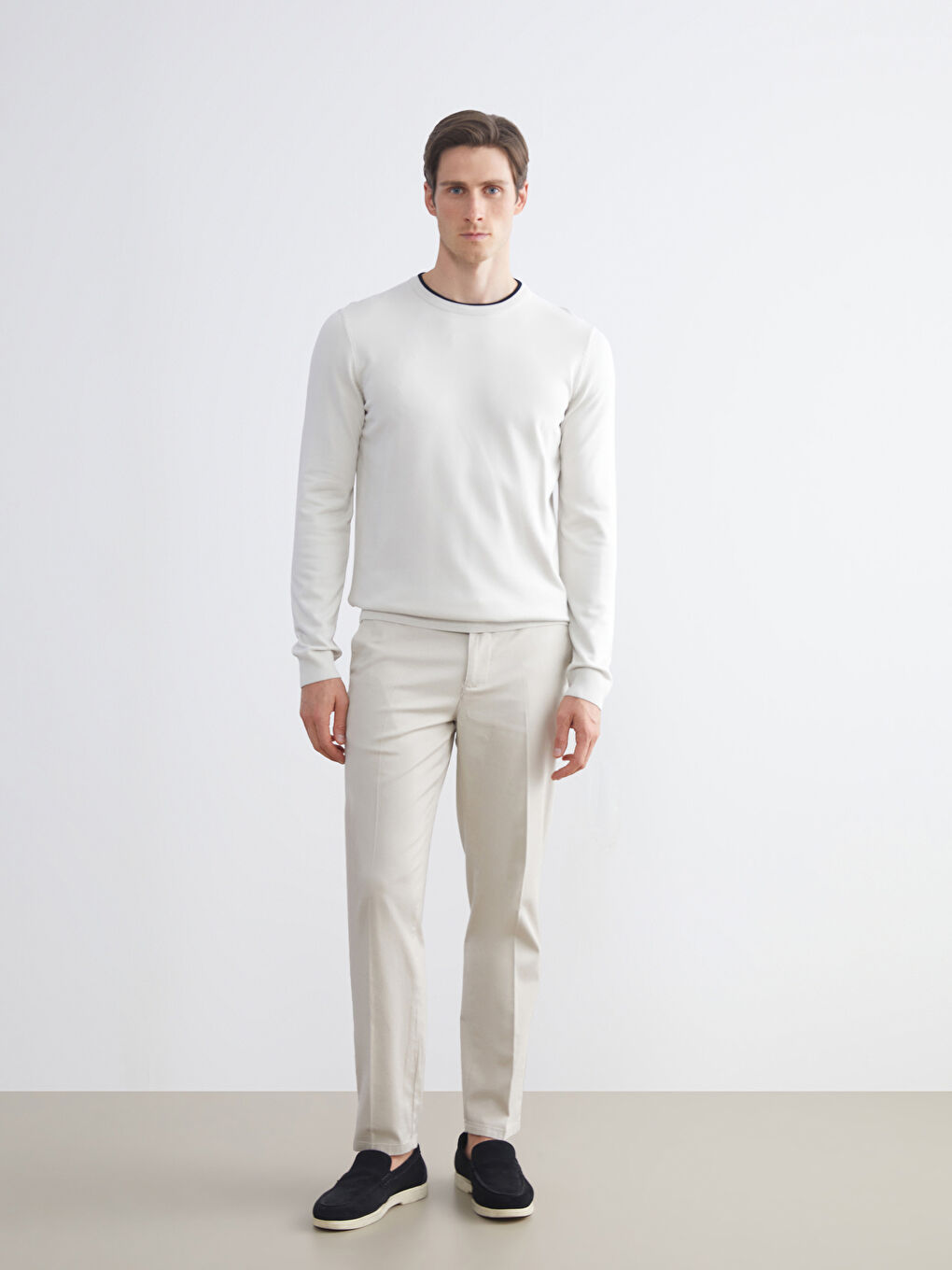 Bej Bisiklet Yaka Erkek Triko Kazak-1