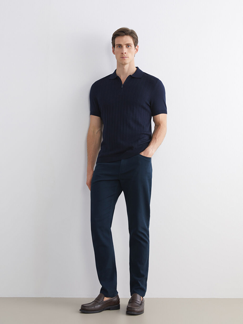 Lacivert Polo Yaka Kısa Kollu Erkek Triko Kazak-1