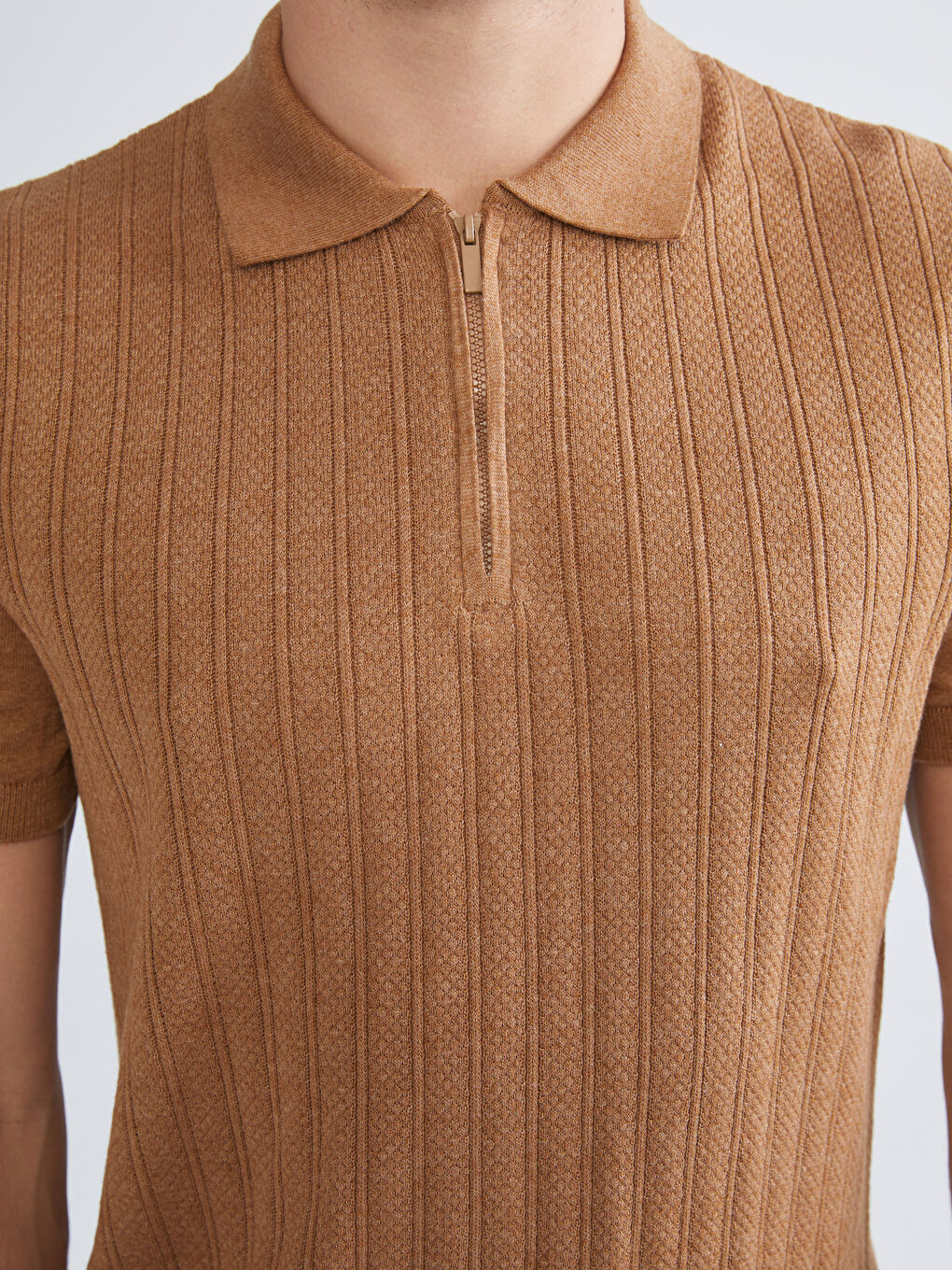 Kahverengi Polo Yaka Kısa Kollu Erkek Triko Kazak-2