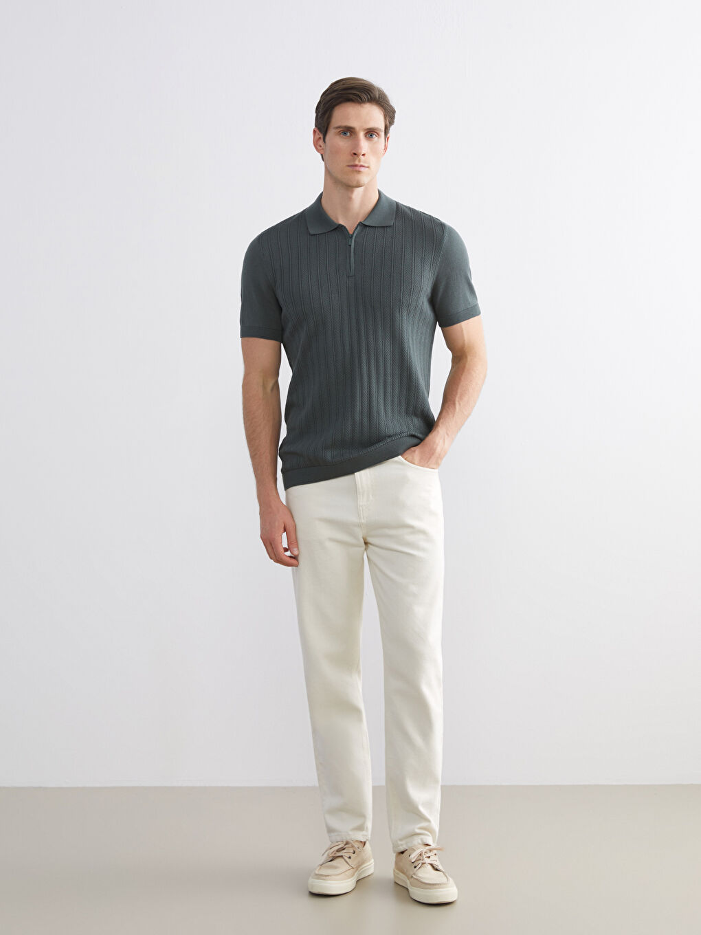 Yeşil Polo Yaka Kısa Kollu Erkek Triko Kazak-1