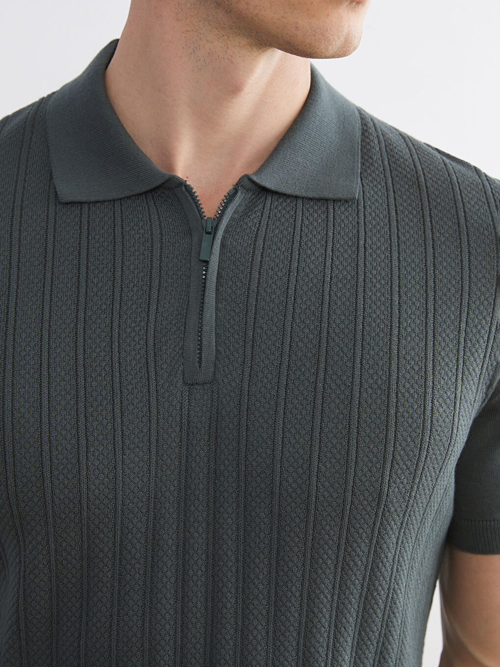 Yeşil Polo Yaka Kısa Kollu Erkek Triko Kazak-2