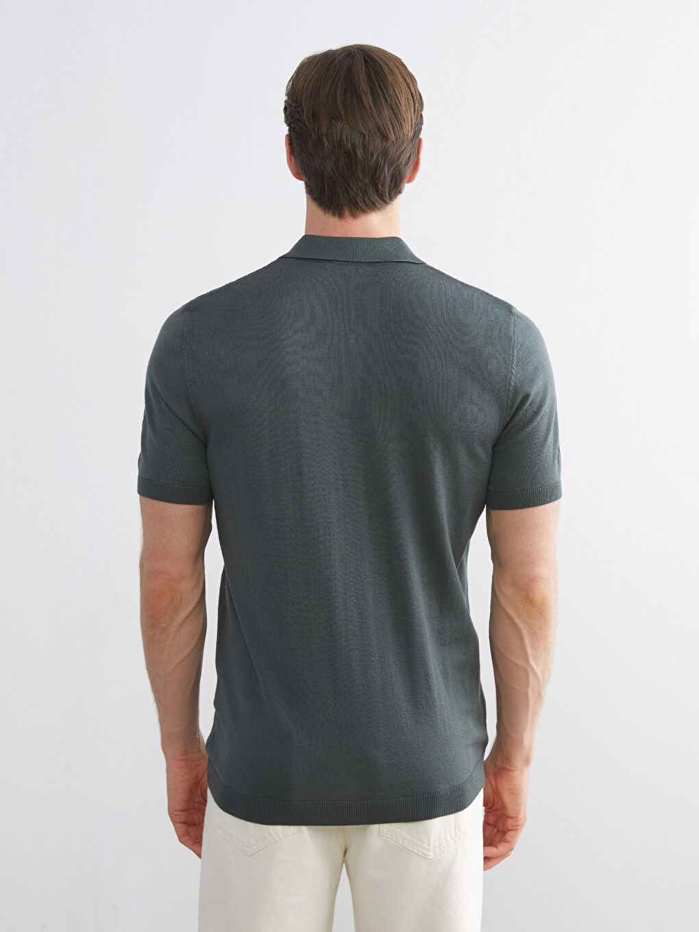 Yeşil Polo Yaka Kısa Kollu Erkek Triko Kazak-3