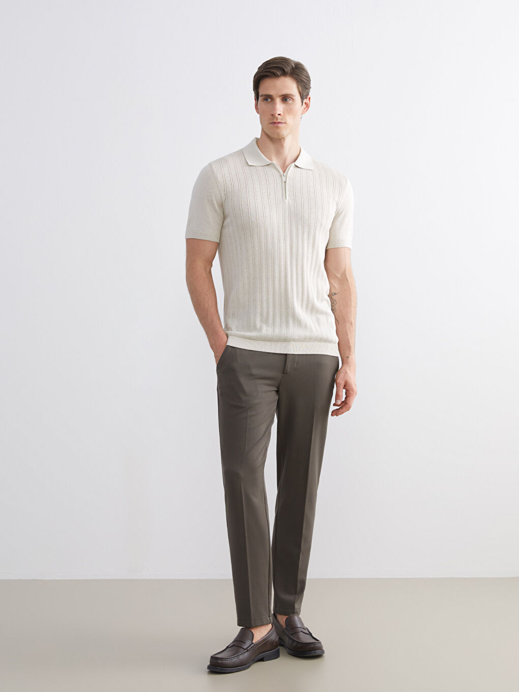 Gri Polo Yaka Kısa Kollu Erkek Triko Kazak-1