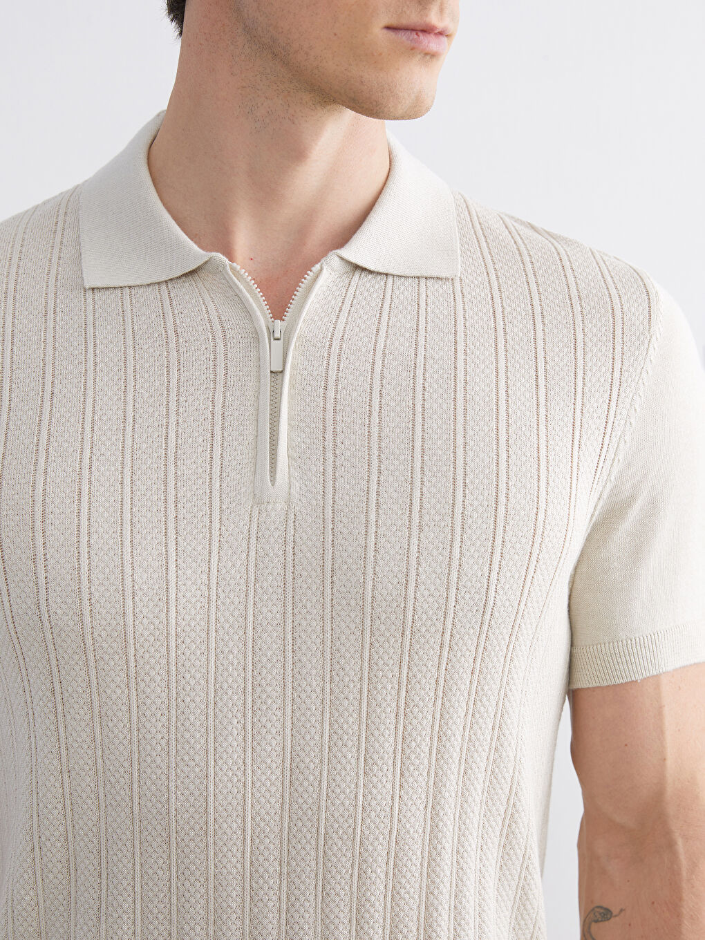 Gri Polo Yaka Kısa Kollu Erkek Triko Kazak-2