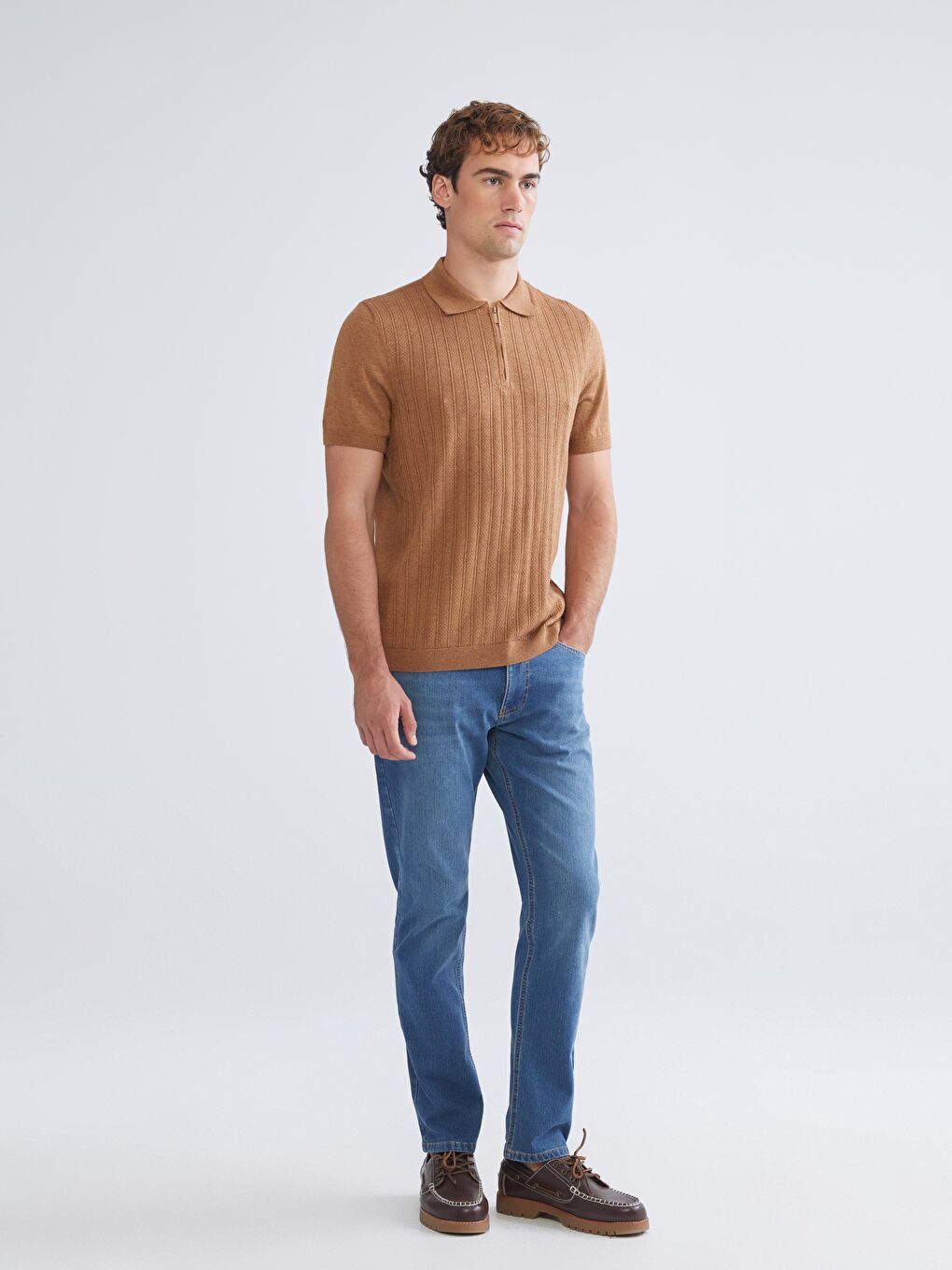 Kahverengi Polo Yaka Kısa Kollu Erkek Triko Kazak-1