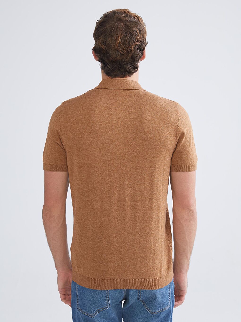 Kahverengi Polo Yaka Kısa Kollu Erkek Triko Kazak-3