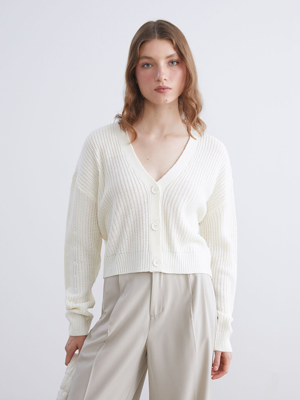 V-Neck Hole-Knitted Women's Knitwear Cardigan