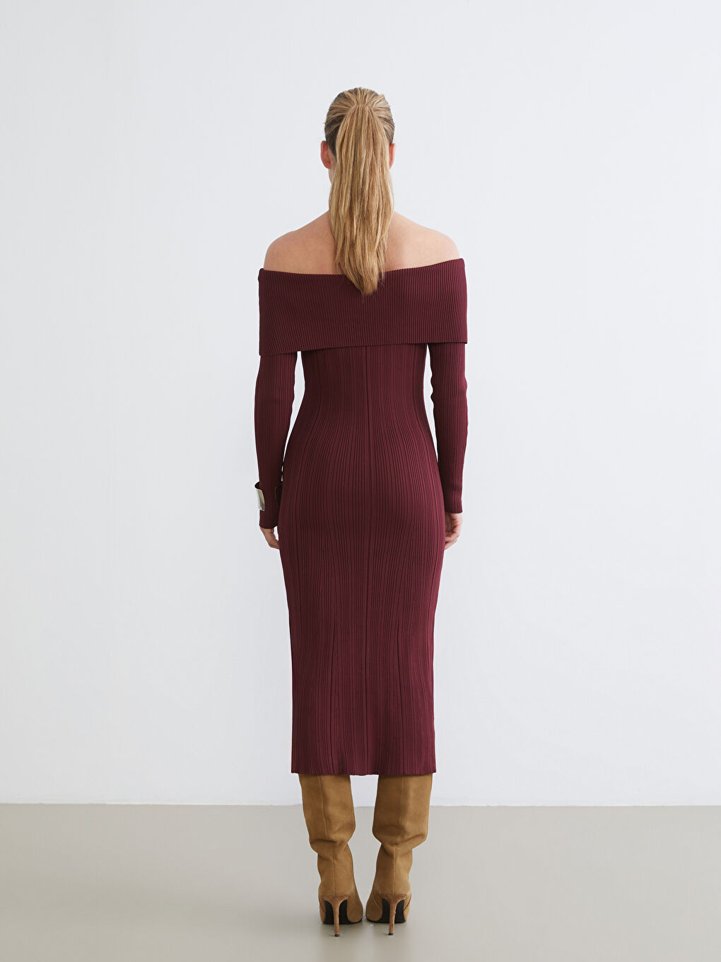 Kırmızı Kayık Yaka Triko Elbise-3