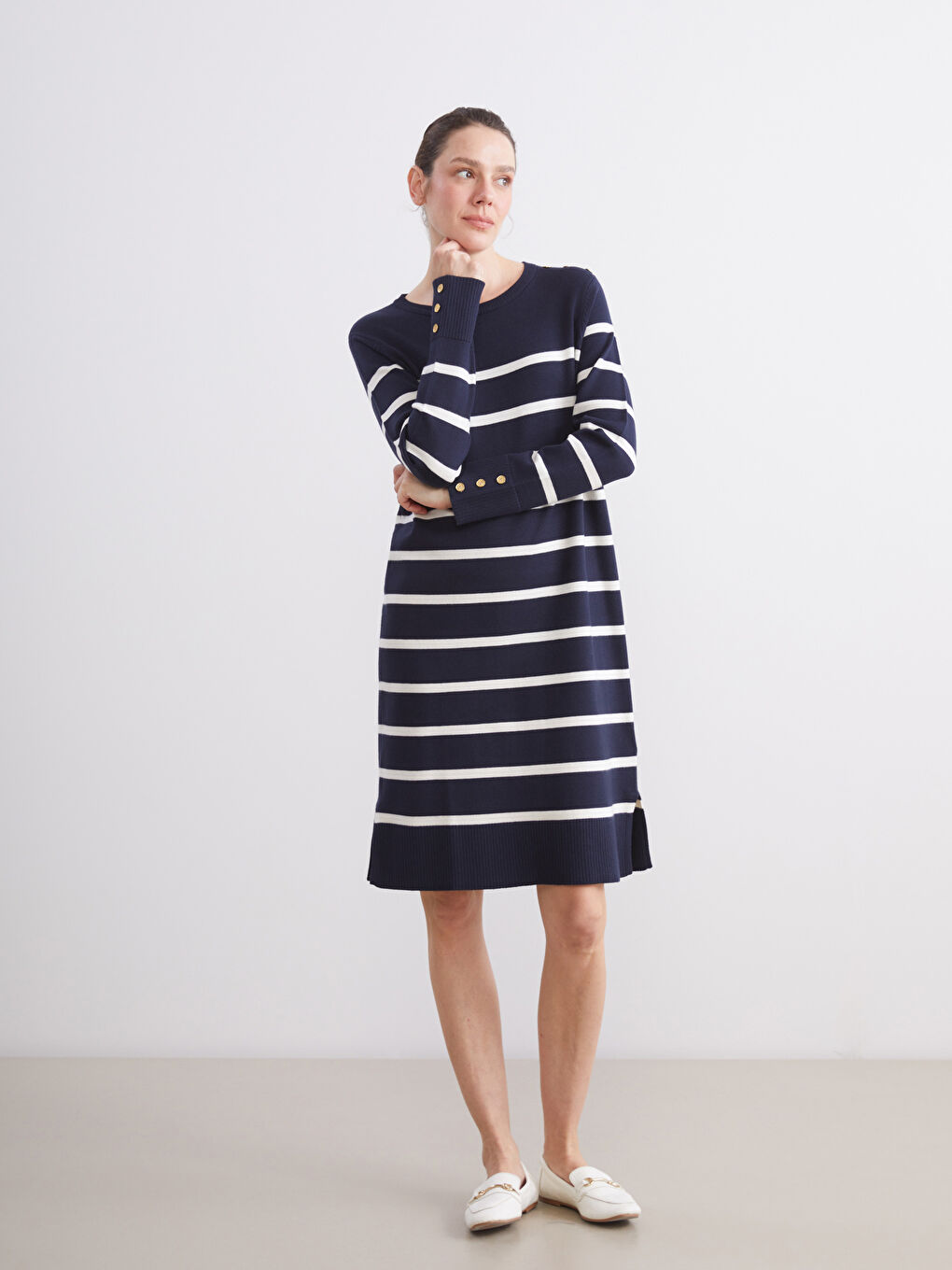 Crew Neck Striped Knit Dress