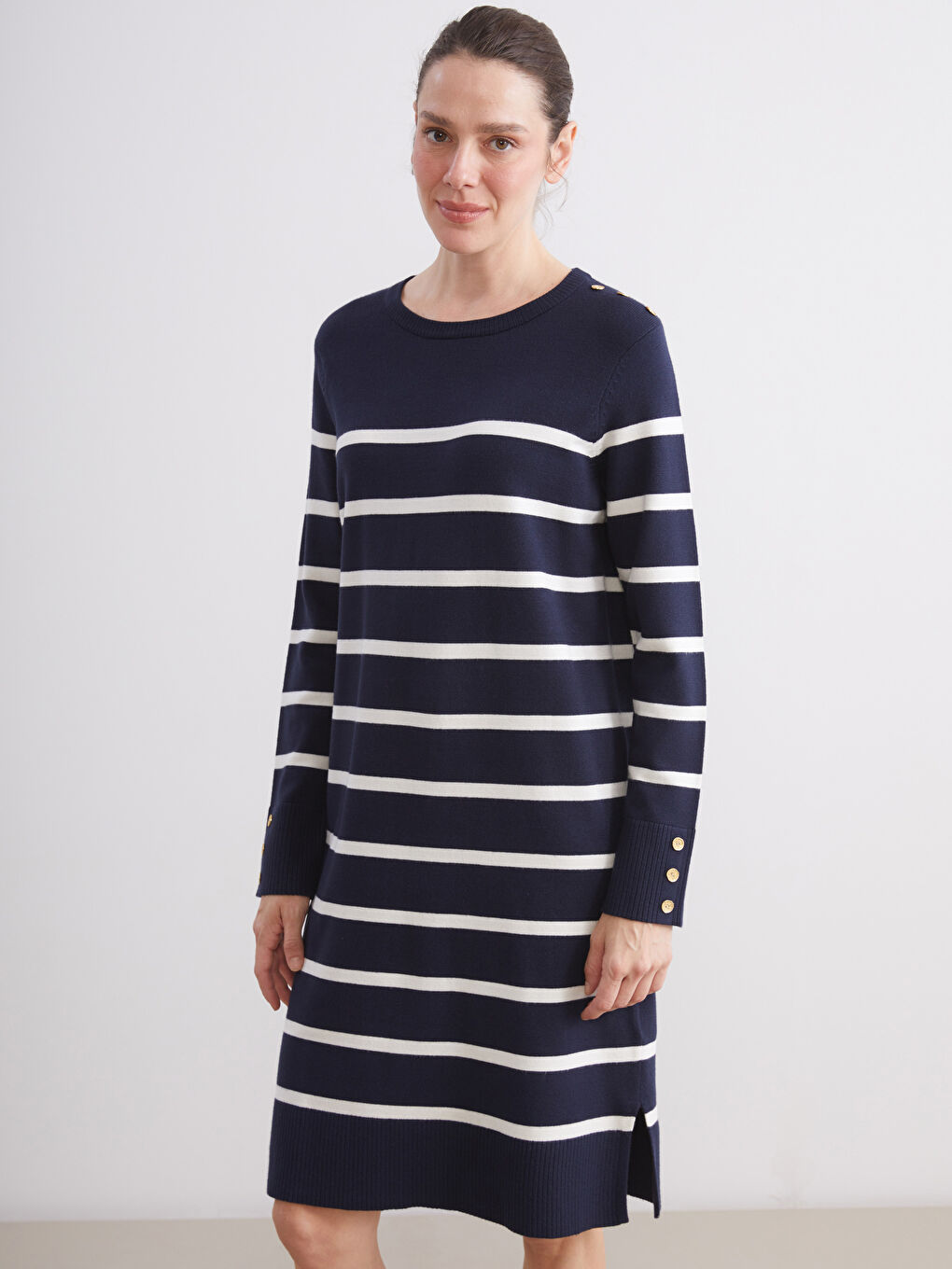 Crew Neck Striped Knit Dress-1
