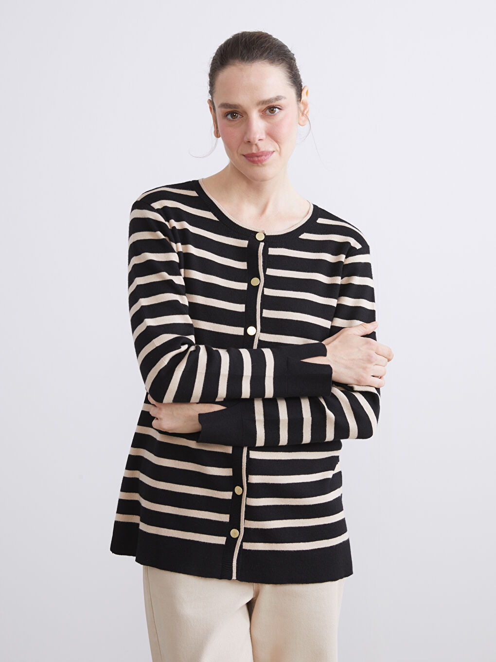Crew Neck Striped Women's Knitwear Cardigan