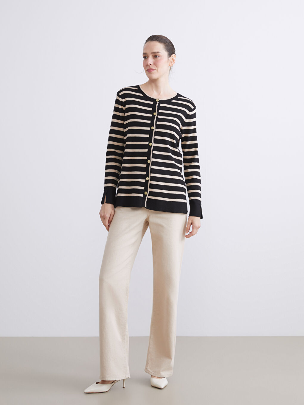 Crew Neck Striped Women's Knitwear Cardigan-1