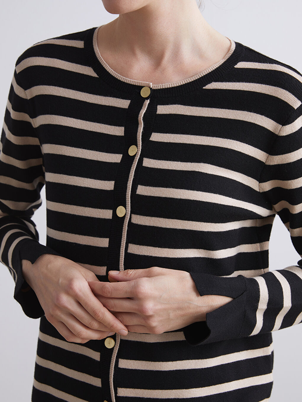 Crew Neck Striped Women's Knitwear Cardigan-2