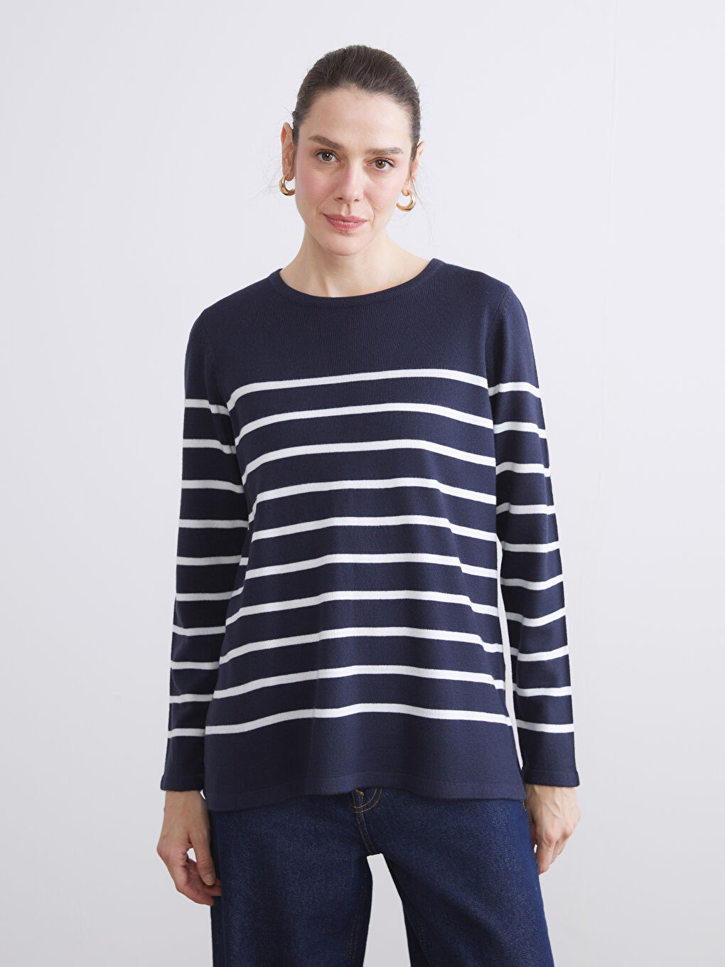 Crew Neck Striped Women's Knitwear Sweater