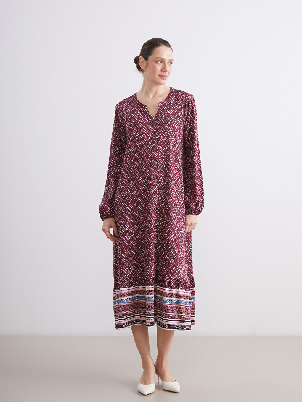 Notch Neck Patterned Shirt Dress