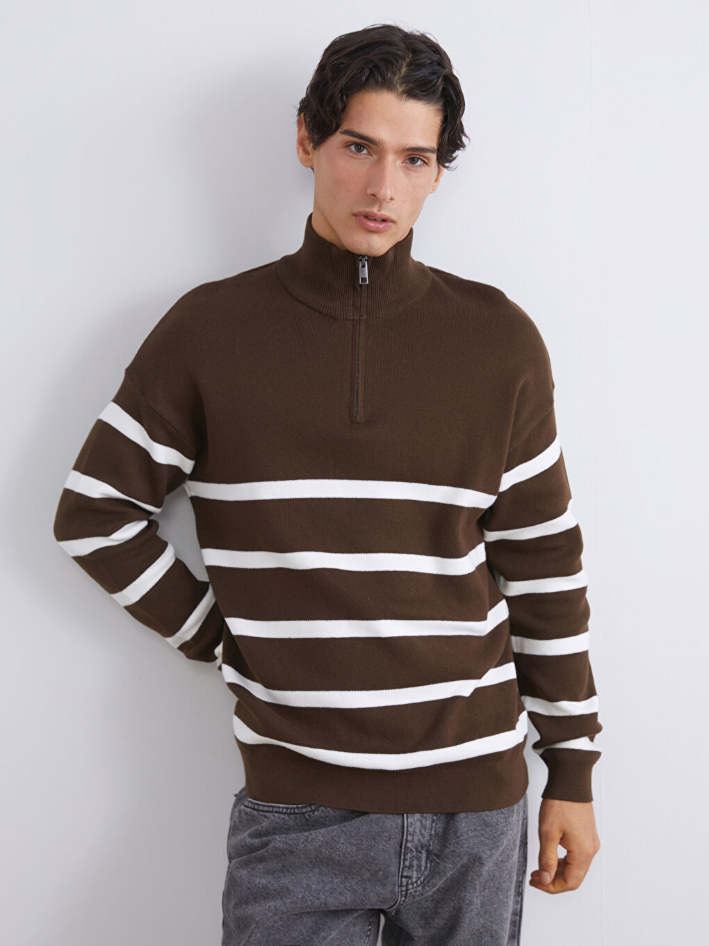 Funnel Neck Long Sleeve Striped Men's Knitwear Sweater