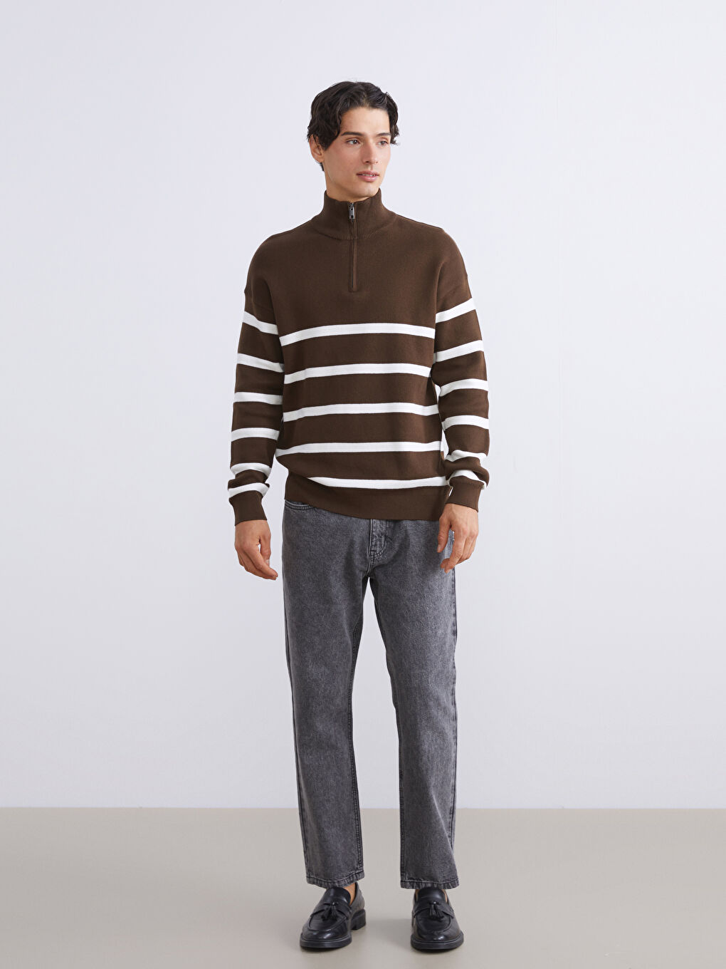 Funnel Neck Long Sleeve Striped Men's Knitwear Sweater-1