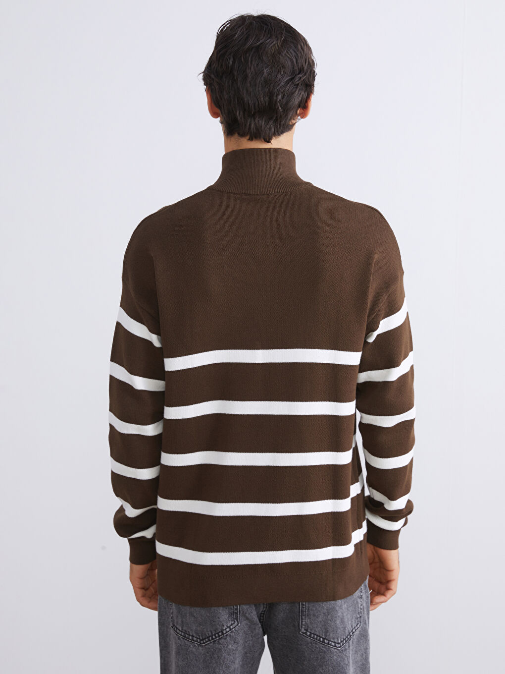 Funnel Neck Long Sleeve Striped Men's Knitwear Sweater-3