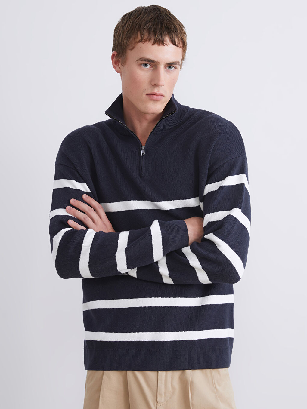 Funnel Neck Long Sleeve Striped Men's Knitwear Sweater-1