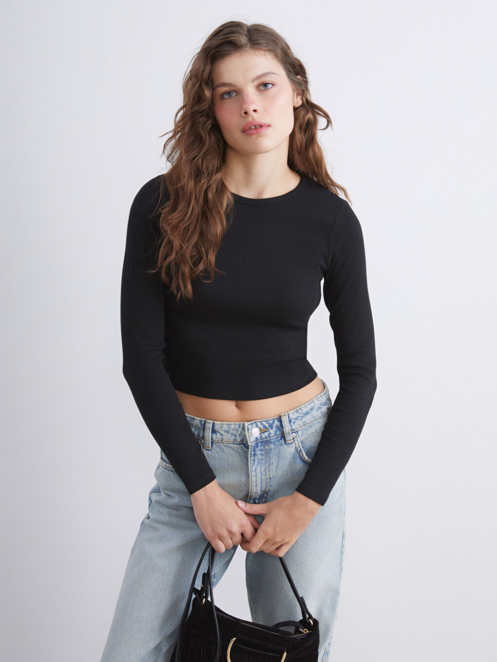XSIDE Crew Neck Plain Long Sleeve Women's Crop Top -W58448Z8-CVL