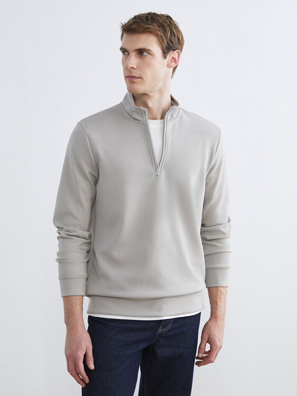 Gri Dik Yaka Erkek Sweatshirt