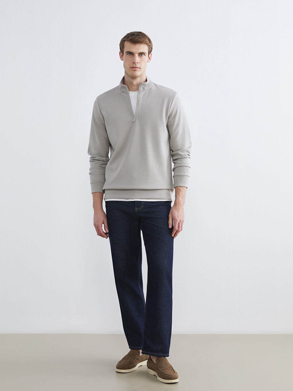 Gri Dik Yaka Erkek Sweatshirt-1