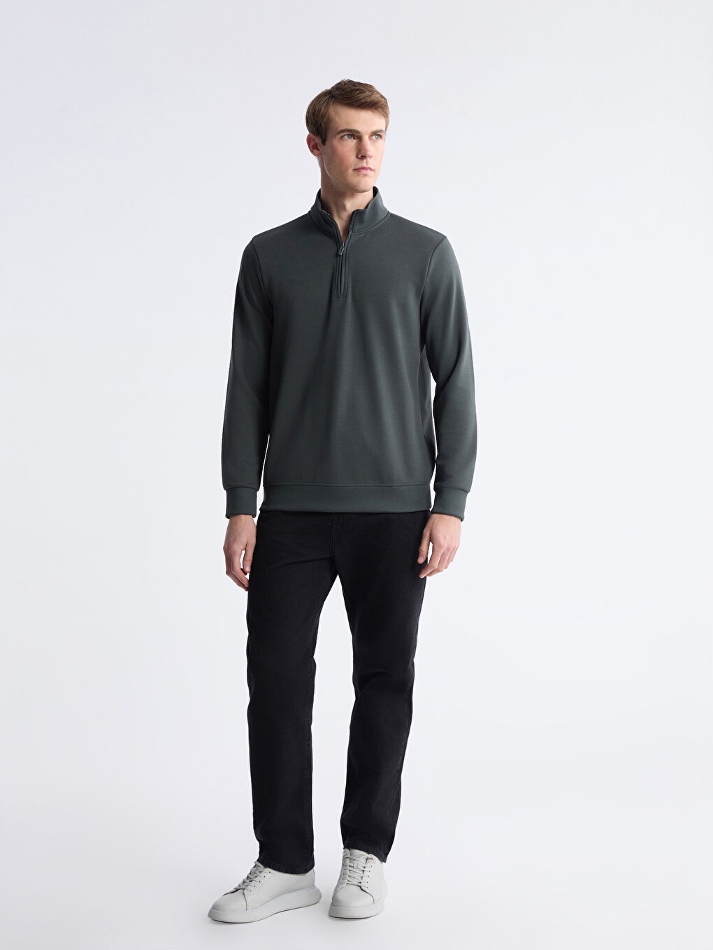 Gri Dik Yaka Erkek Sweatshirt-1