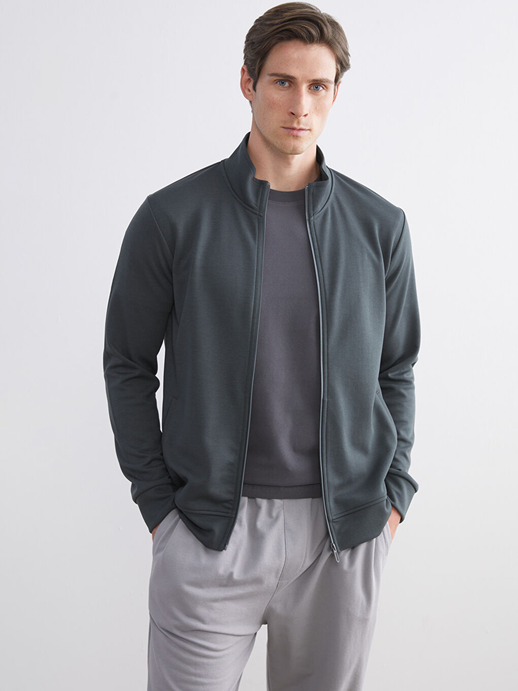 Funnel Neck Long Sleeve Men's Zip-Up Sweatshirt