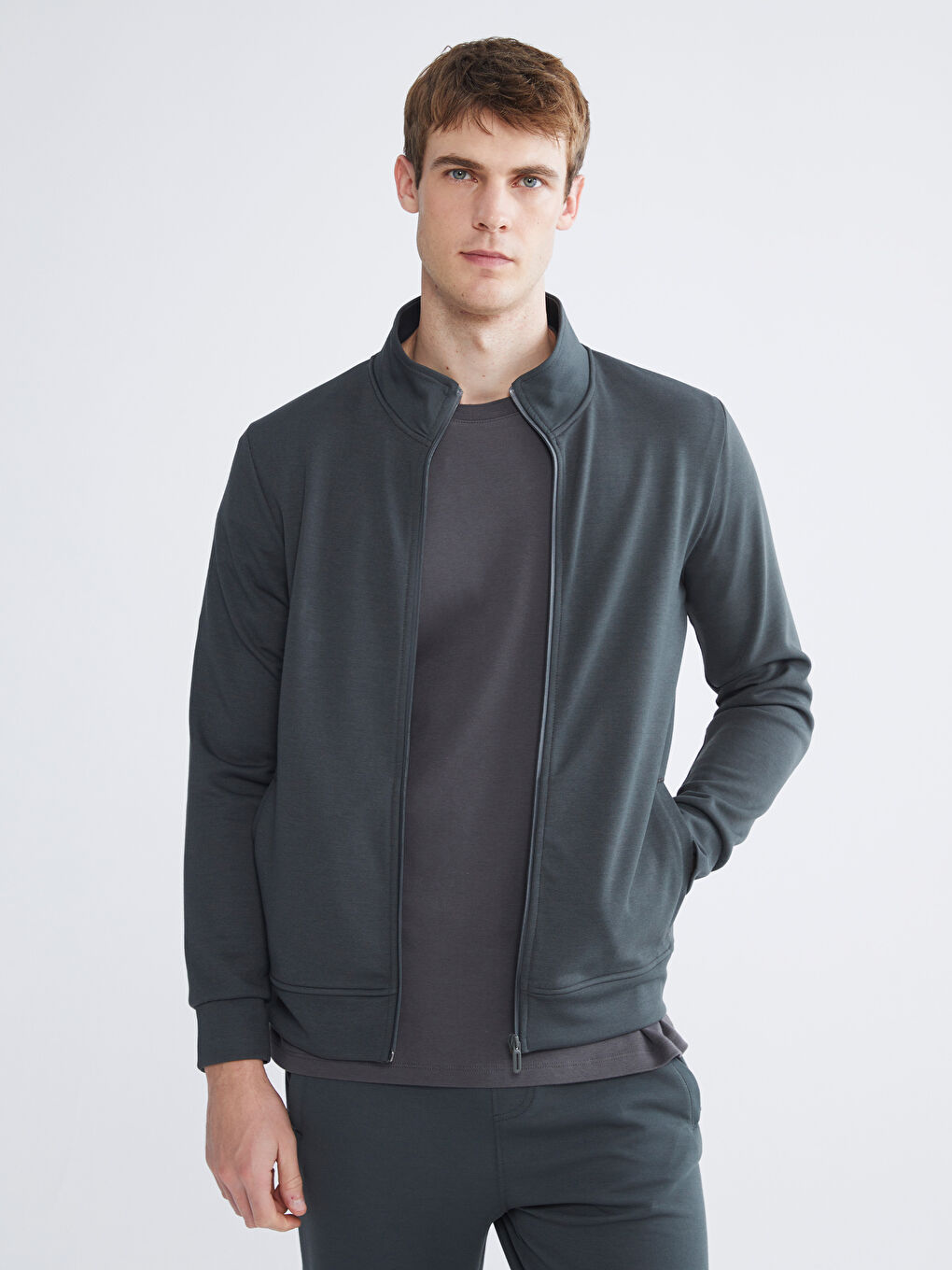 Funnel Neck Long Sleeve Men's Zip-Up Sweatshirt-1