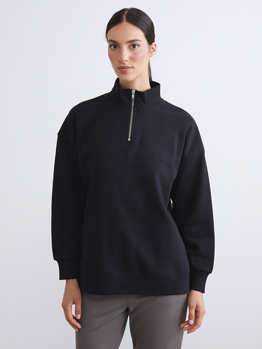 Funnel Neck Striped Oversize Women's Thick Sweatshirt