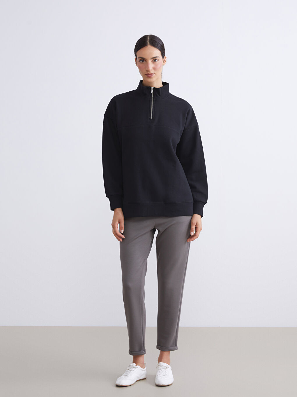 Funnel Neck Striped Oversize Women's Thick Sweatshirt-1