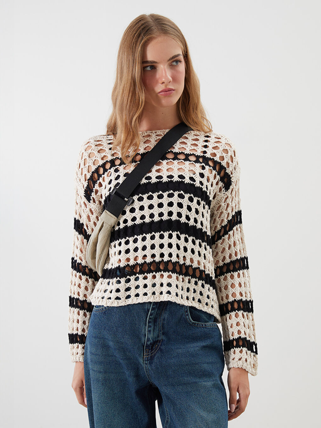 Crew Neck Striped Openwork Women's Knitwear Sweater