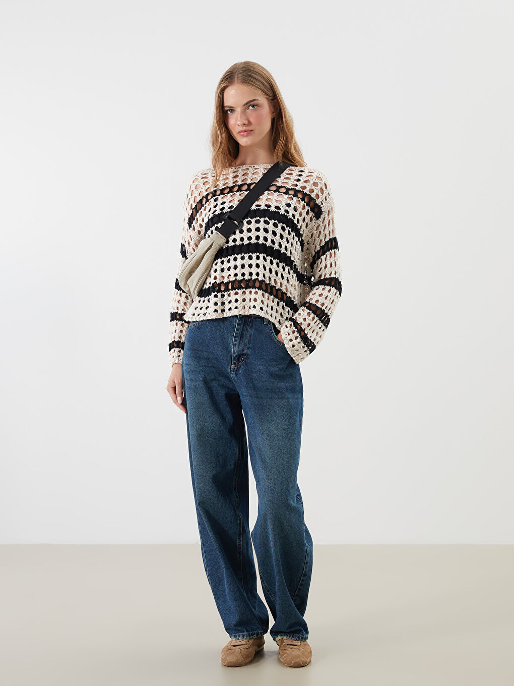 Crew Neck Striped Openwork Women's Knitwear Sweater-1