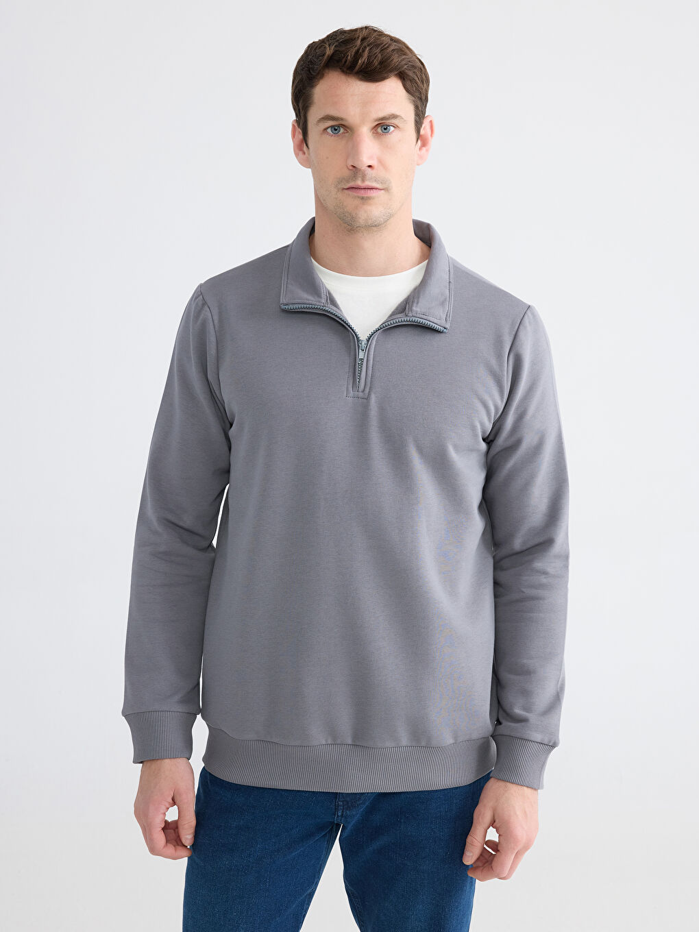 Gri Dik Yaka Uzun Kollu Erkek Kalın Sweatshirt