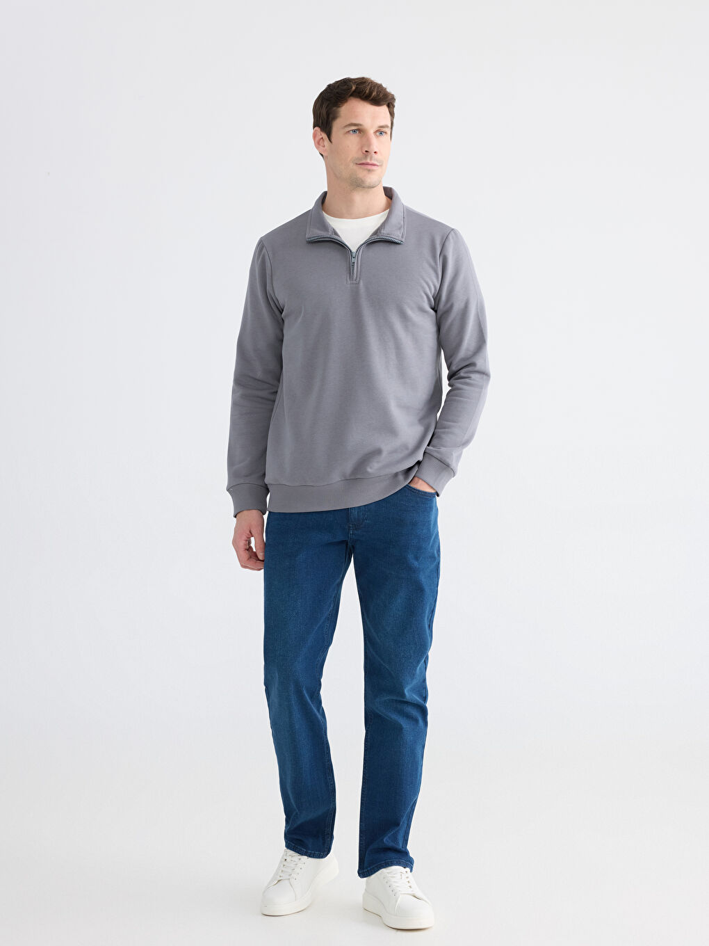 Gri Dik Yaka Uzun Kollu Erkek Kalın Sweatshirt-1